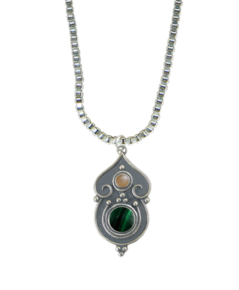 Sterling Silver Necklace Malachite And Peach Moonstone